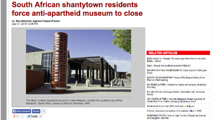 "South African shantytowns residents force anti-apartheid museum to close," Agence France-Presse