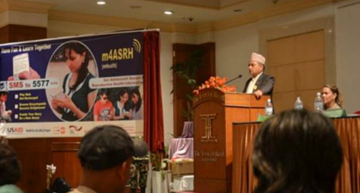 Mr Khaga Raj Adhikari, Minister, Ministry of Health and Population launching ‘m4ASRH’ (Mobile for Adolescent Sexual & Reproductive Health) on 18 September 2014.