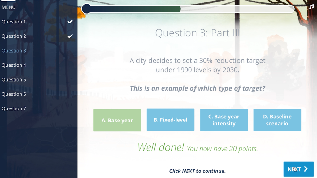 A screenshot from the knowledge assessment included in Module 5: Setting GHG Reduction Targets. 